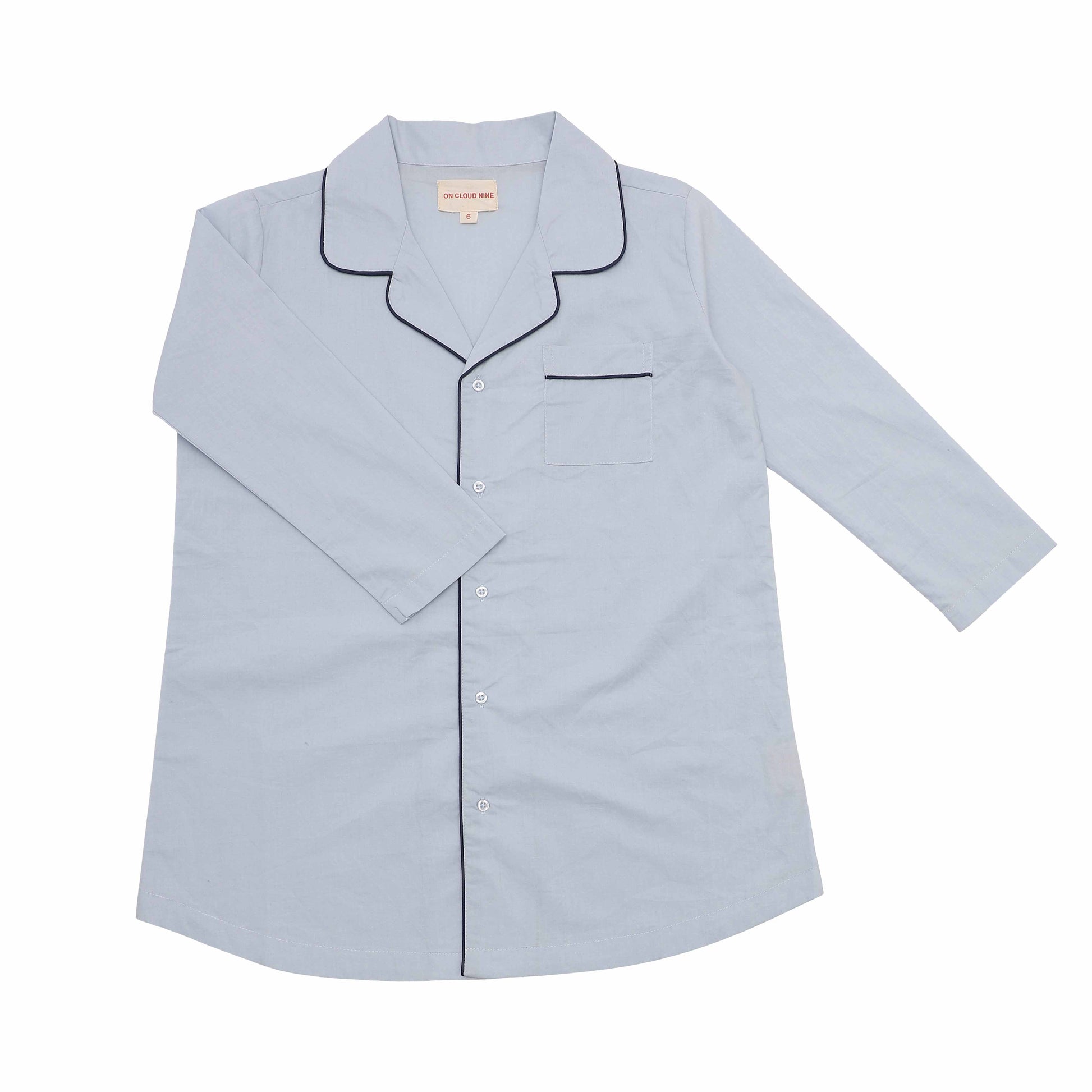 Kids PJ shirt dress classic lt. blue with navy piping