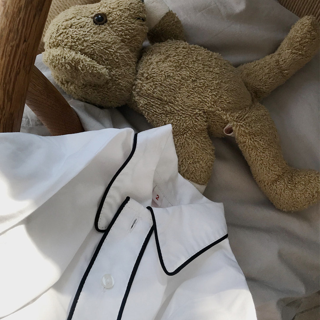 Kids PJ shirt dress white with blue piping