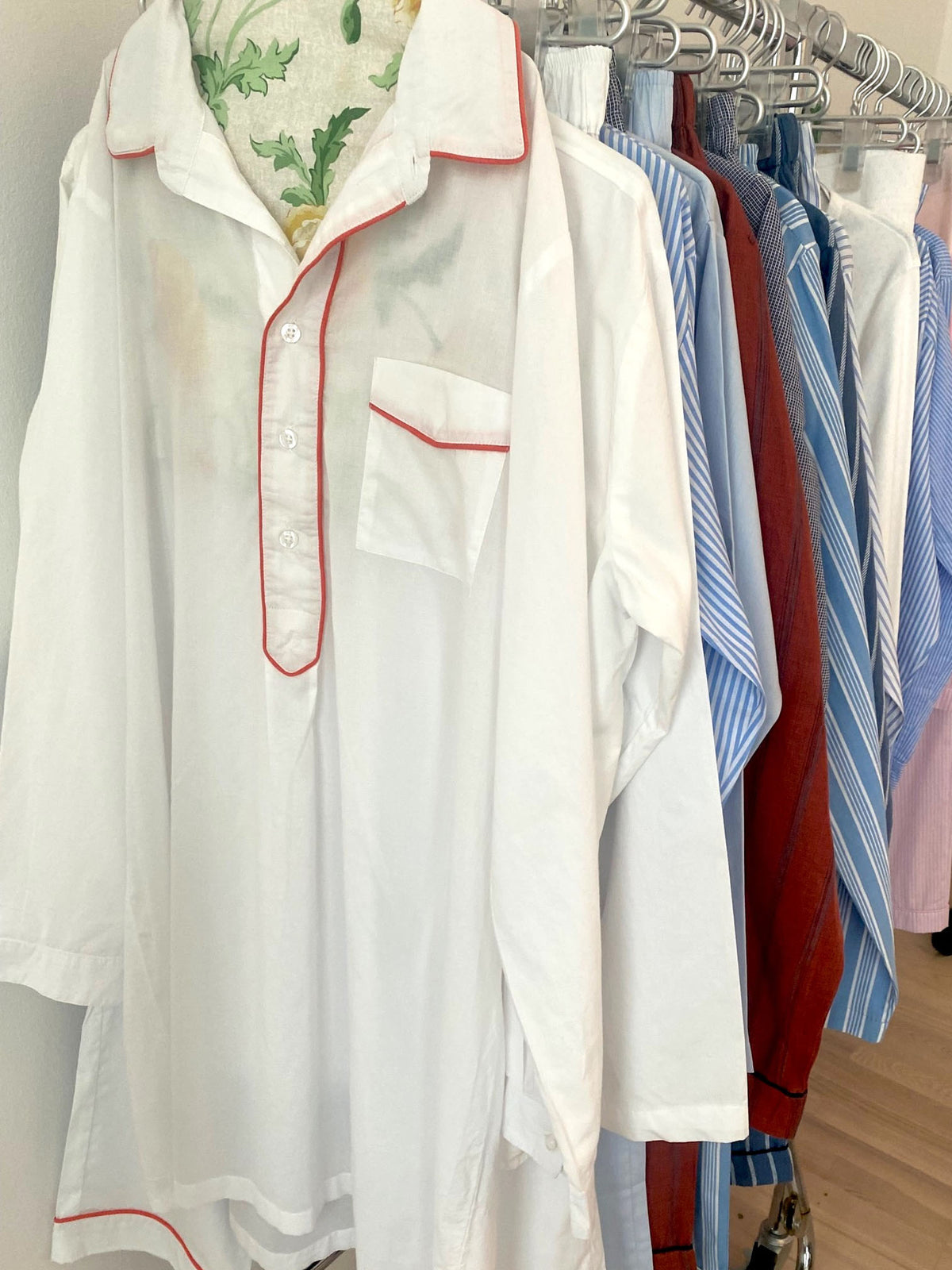PYJAMAS SHIRT DRESS // WHITE & CORAL PIPING